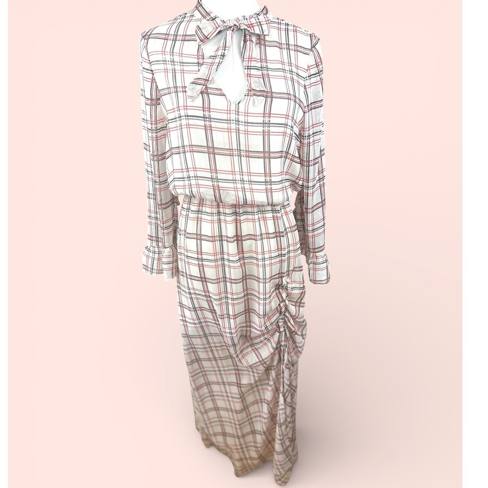 SOALLURE‎ NWT SZ Med Plaid Maxi Dress Metallic Pinstripe neck tie, Ruched Ruffle